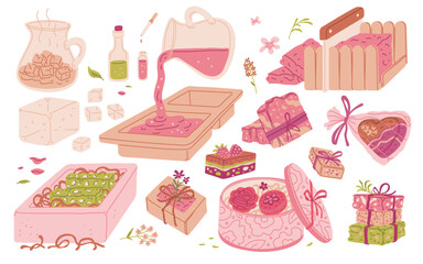 Vector illustration from a soap making workshop with silicone molds, soap base, dyes