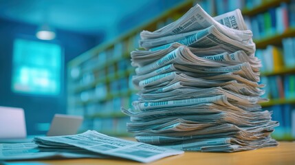 Stack of Old Newspapers on Desk in Library  History  Journalism  Research Concept