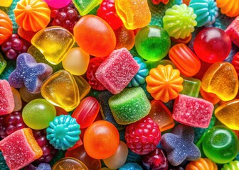 Fototapeta premium Aerial View Colorful Gummy Candy, Studio Shot, Macro Photography, Sweet Treats, Jelly Beans, Gummy Bears, High Angle