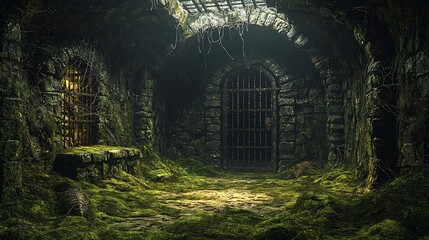 Fantasy Adventure Scenery, Eerie Medieval Dungeon Chamber with Moss-Covered Floor and Iron Gate