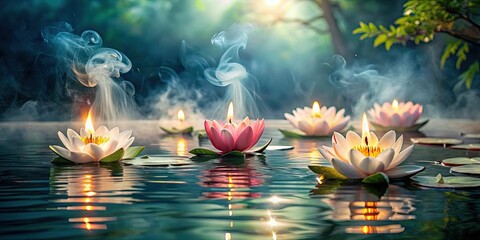 Burning candles floating on water with lily flowers and smoke, creating a serene atmosphere , candles, floating, water