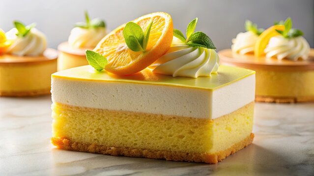 Close-up of Japanese Yuzu Cream Chiffon Cake with Citrus Mousse from Spago by Wolfgang Puck in Las Vegas NV