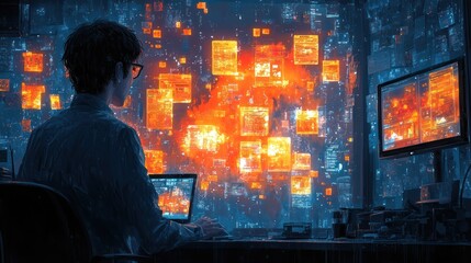 Hyper-detailed scene of a marketer analyzing a successful viral social media post, with intricate details of the post likes, shares, and comments.