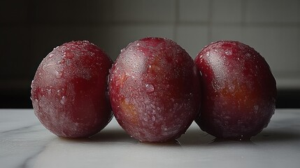 Obraz premium Three fresh plums with water droplets, close-up on marble surface.