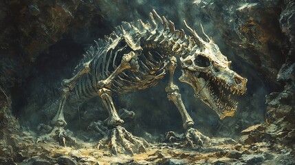 Fantasy Adventure Scenery, Forgotten Lair - Ancient Dragon's Skeleton Embedded in Massive Stone Wall