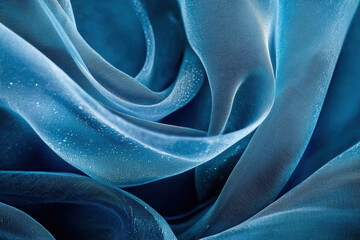 close up of satin blue silk fabric, showcasing its delicate folds and shimmering texture. soft, flowing material creates elegant and luxurious appearance, perfect for various design applications