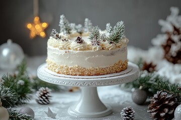 Fototapeta premium Christmas cake on white stand with pine branches, decorations, and star against grey background. Festive holiday dessert scene.