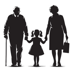 grandparents walking with granddaughter vector silhouette Illustration 