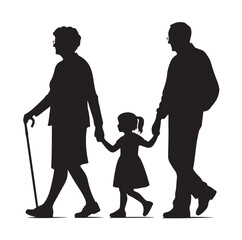 grandparents walking with granddaughter vector silhouette Illustration 
