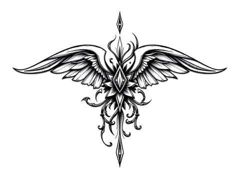 Intricate Black Ink Winged Mandala Design: Hand-Drawn Illustration. AI Generated