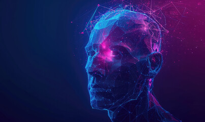 Human head created in low poly style. Man face polygon light. Emotional Intelligence allegory AI. Facial Recognition System concept. biometric scanning, 3D scanning
