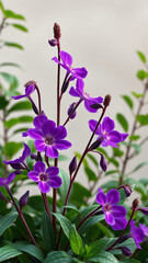 purple flowers with oval petals and long hairy stems amidst lush green foliage,  botanical garden,  wildflowers in garden,  tall purple blooms,  flowering plants,  floral arrangement
