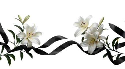 PNG, Funeral, mourning, white lily with ribbon, isolated on white background, AI generated.
