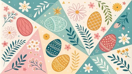 Happy easter! Vector illustration of geometric modern trendy abstract pattern, easter eggs, background, flowers and leaves for poster, flyer, greeting card or invitation 
