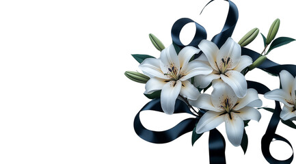 PNG, Funeral, mourning, white lily with ribbon, isolated on white background, AI generated.