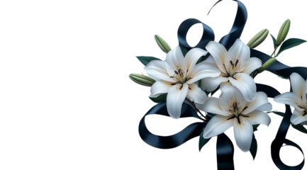 PNG, Funeral, mourning, white lily with ribbon, isolated on white background, AI generated.