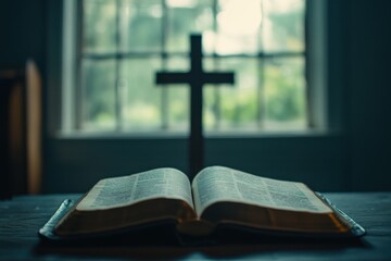 A close-up of an open Bible resting on a wooden table, with its pages gently curved