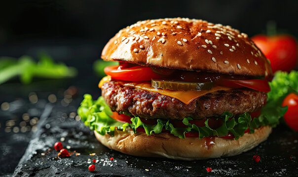 Fresh tasty burger on dark background