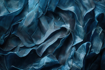 close up of smooth blue silk fabric with elegant, flowing folds and textures, creating luxurious and soft appearance. intricate layers evoke sense of depth and sophistication