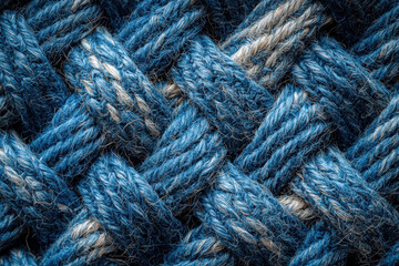 Textured blue jute material with intricate woven patterns, showcasing blend of blue and natural fibers. This captures beauty of craftsmanship and textile design