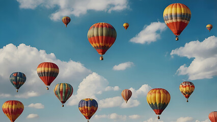 Obraz premium Watercolor Hot Air Balloon bundle and blue Sky Flying balloon transportation object seamless texture pattern illustration.,