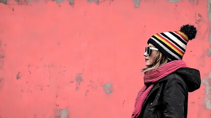 Obraz premium Vibrant Winter Fashion: Bold Young Woman in Colorful Striped Beanie and Chunky Pink Scarf - Perfect for a Playful Sports Interior Poster!
