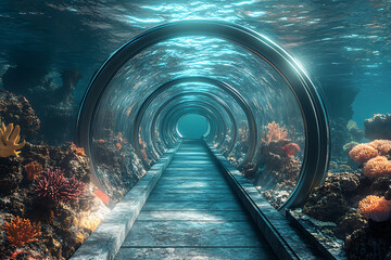 Underwater tunnel with coral reefs and vibrant marine life.