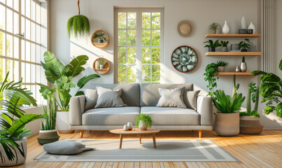 Interior of a living room with decorative plants and sofas