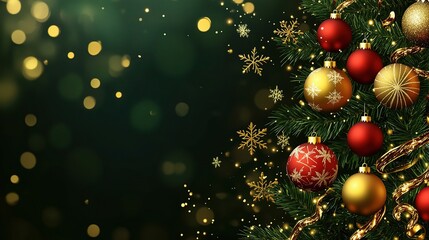 Beautiful Christmas Tree with Ornaments and Sparkling Background