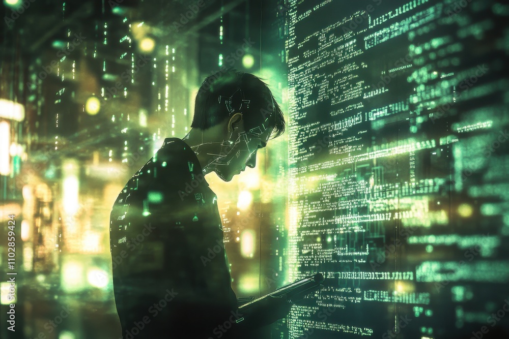 Poster a digital-inspired scene of a man analyzing complex code on transparent screens