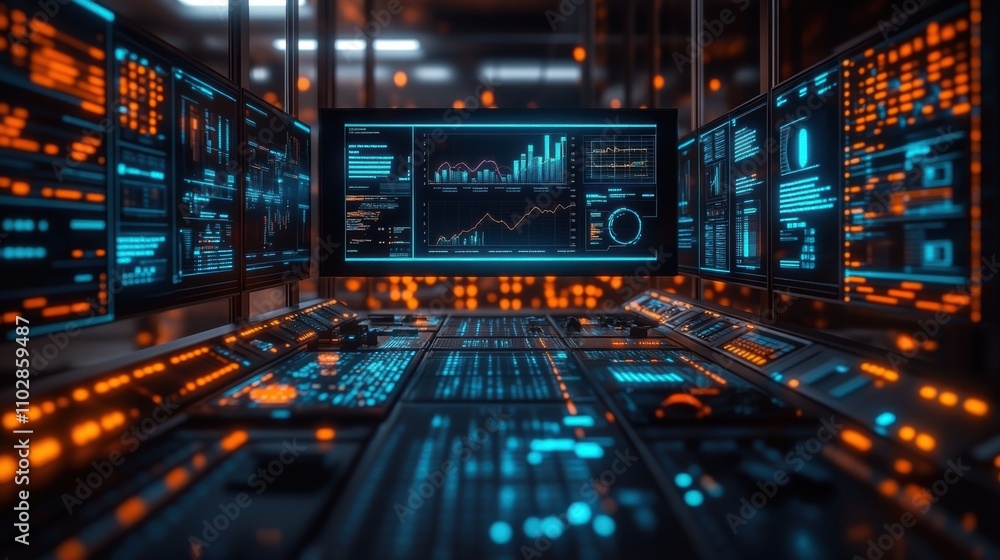 Poster a modern, high-tech workspace filled with digital devices, large digital screens displaying ai-gener