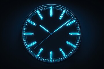 A digital-style circular clock with a neon-blue glow showing sharp