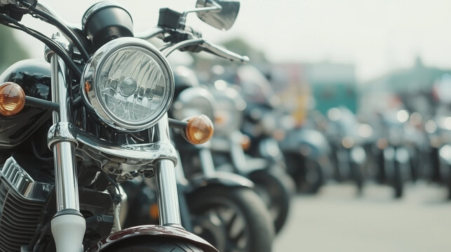 Motorcycle Rally: A close-up shot of a gleaming motorcycle headlight, showcasing the powerful presence and shared passion of a biker community. The image evokes a sense of freedom, adventure.