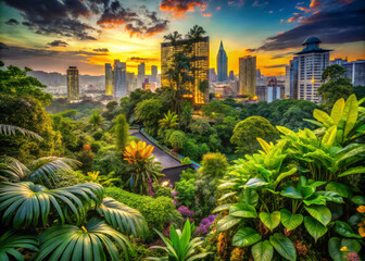 Fototapeta premium vibrant cityscape blends seamlessly with lush tropical flora, creating surreal tapestry of nature and urban architecture at sunset