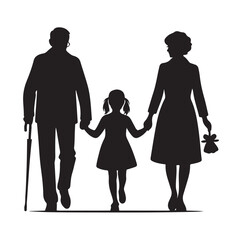 grandparents walking with two granddaughter vector silhouette Illustration