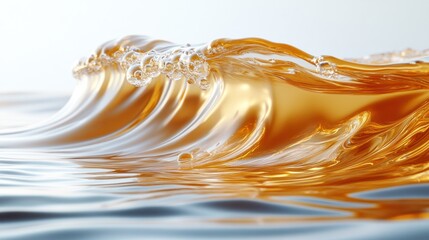 Abstract close-up of a golden liquid wave with air bubbles.