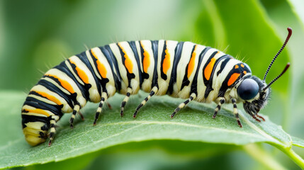 Naklejka premium vibrant caterpillar on green leaf, showcasing its striking black and orange stripes, symbolizes potential and transformation in nature