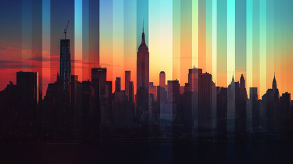 vibrant city skyline transitioning from day to night, showcasing tall buildings and iconic structures against colorful sunset. scene captures beauty of urban life