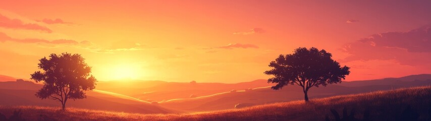 Obraz premium Vibrant Sunset Over Hills, a breathtaking view of rolling hills with silhouetted trees and a sky filled with vibrant orange and pink hues creating a serene landscape.