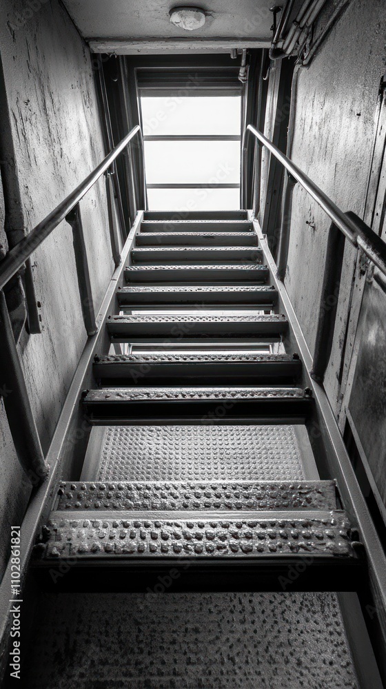 Poster a monochrome view of a staircase leading upward, emphasizing structure and perspective.