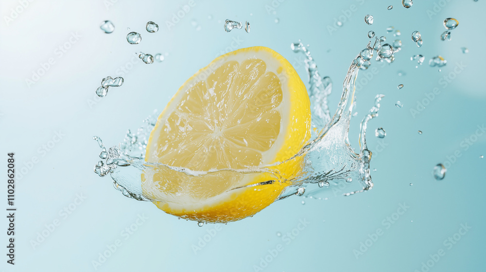 Poster refreshing lemon splash: a vibrant half lemon makes a dynamic splash into clear water, creating a li