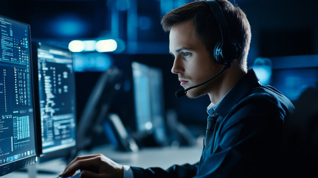 focused call center agent providing technical support in modern office environment, surrounded by multiple screens displaying data and analytics