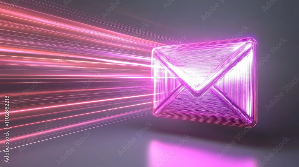 Poster digital envelope with dynamic light trails representing speedy communication in a modern, high-tech 