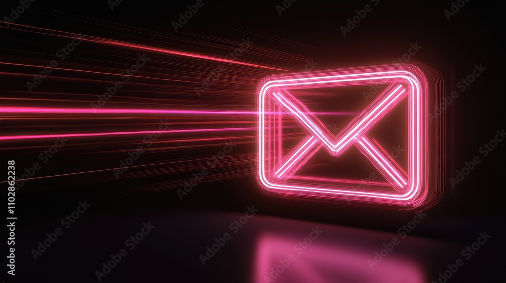 Poster neon email icon with dynamic light trails representing digital communication, fast messaging, and te