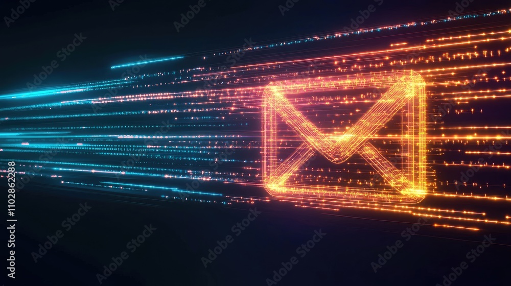 Poster vibrant abstract email icon with dynamic light trails representing digital communication and modern 