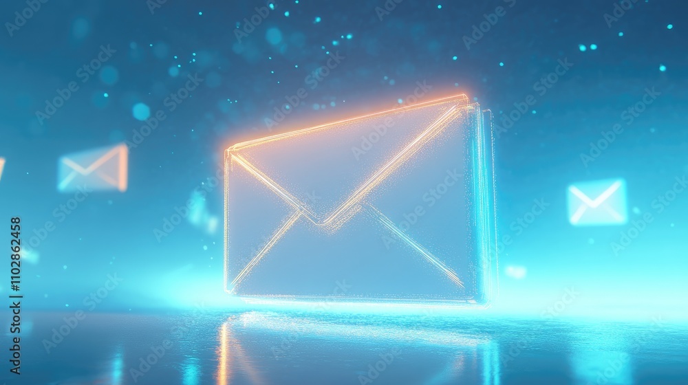 Poster neon envelope icon with floating email symbols in a futuristic dark space, representing digital comm