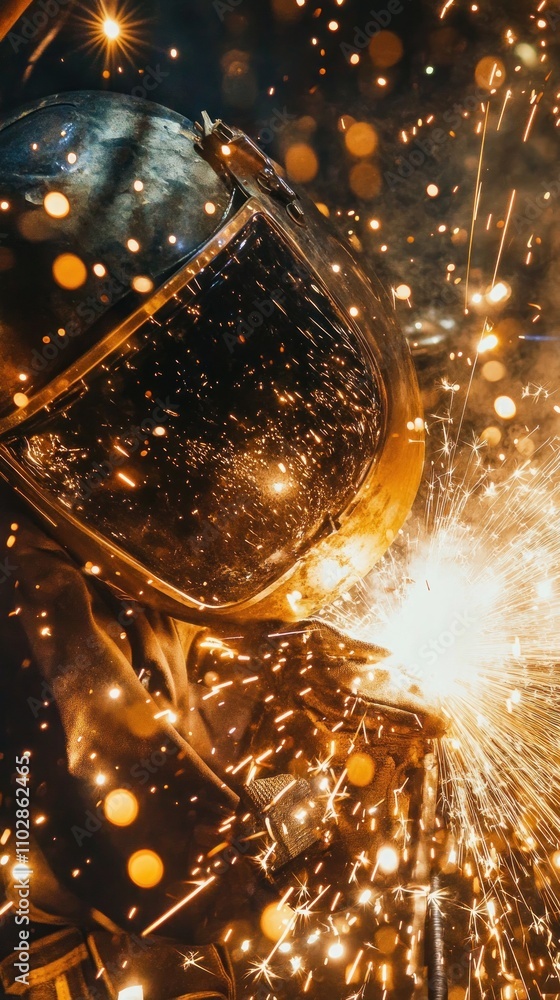 Poster a welder in action, creating sparks and light while working on metal.