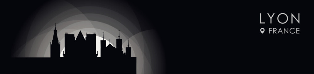 Fototapeta premium Vector Lyon, France cityscape banner. Black and white placard profile picture for header, footer