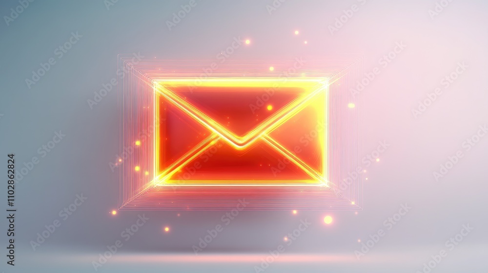 Poster glowing neon email icon with sparkles on gradient background for digital communication, technology, 