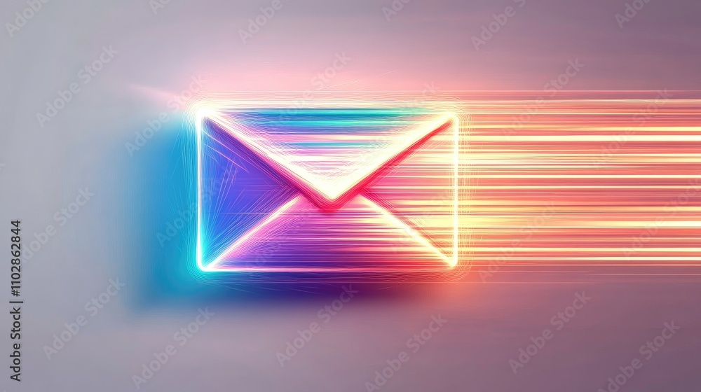 Poster vibrant and dynamic mail icon representing speed of communication with neon colors and motion effect